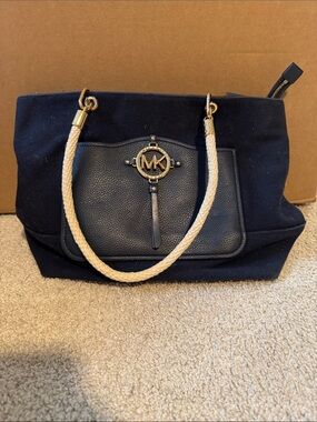 Michael Kors Navy Canvas Tote with Rope Handles and Gold MK Emblem